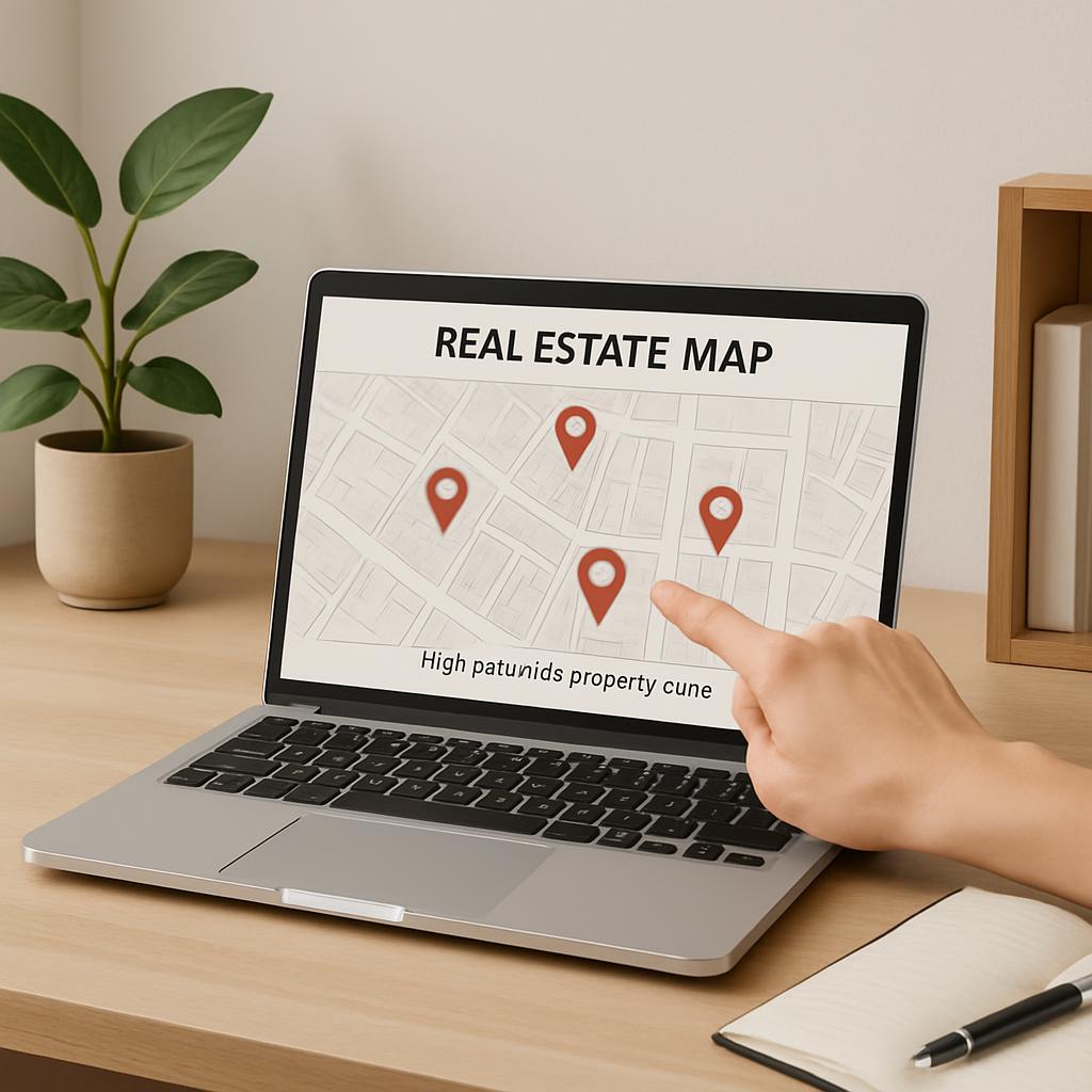 The alt text for the image is: "Laptop screen displaying a real estate map with a hand pointing to it."