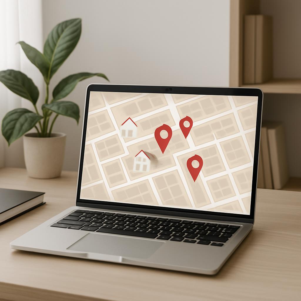 A laptop on a desk displaying a map with location pins to illustrate facet search in ecommerce.