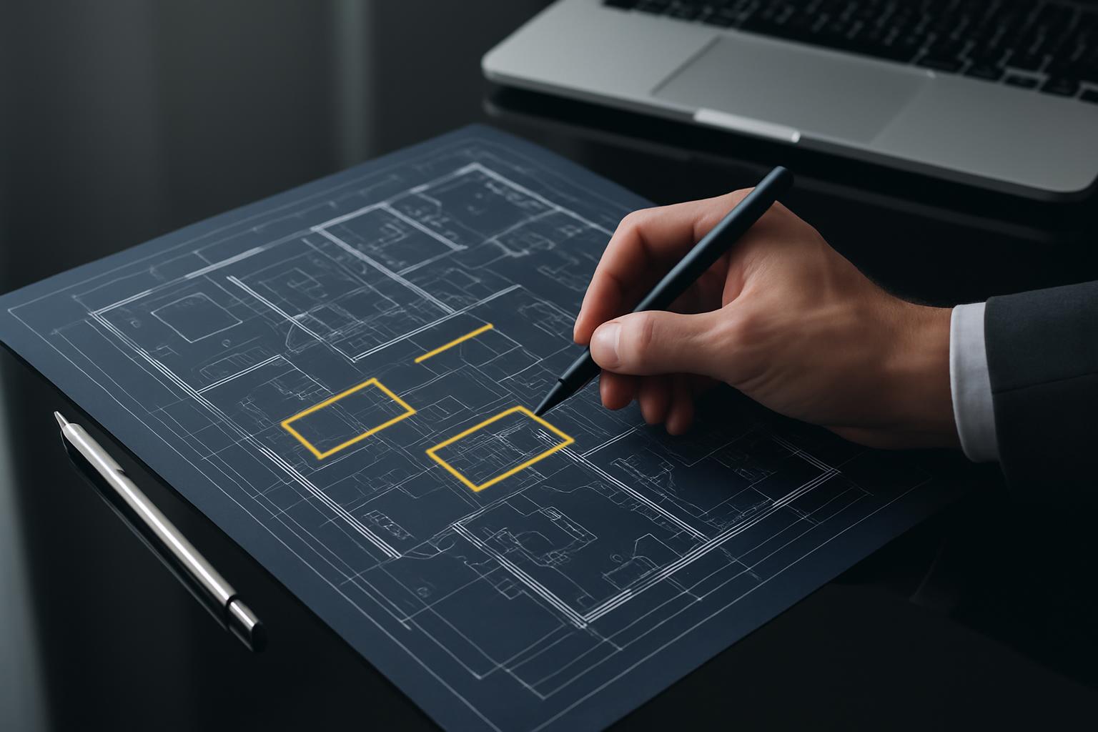 A man in a suit is drawing a blueprint with a pen, with a laptop beside him.